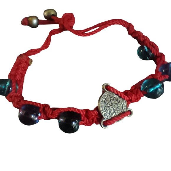 Vintage Catholic Bracelet Handmade Red Braided Glass Beads & Metal Charm - Picture 1 of 4